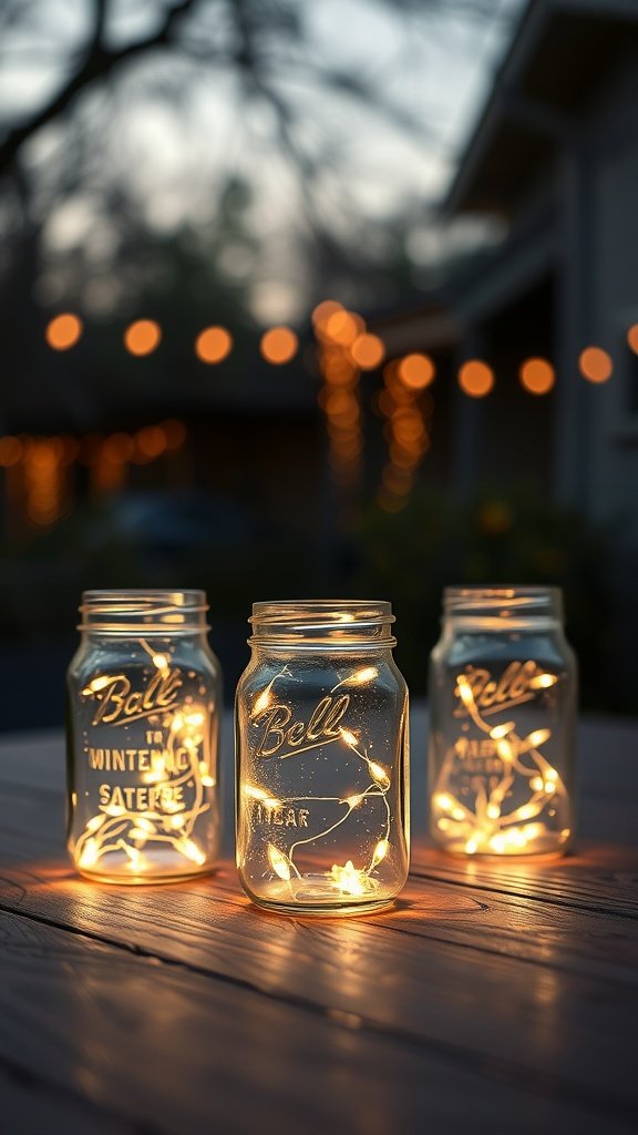 Jars filled with fairy lights on a wooden table with blurred background decorations.