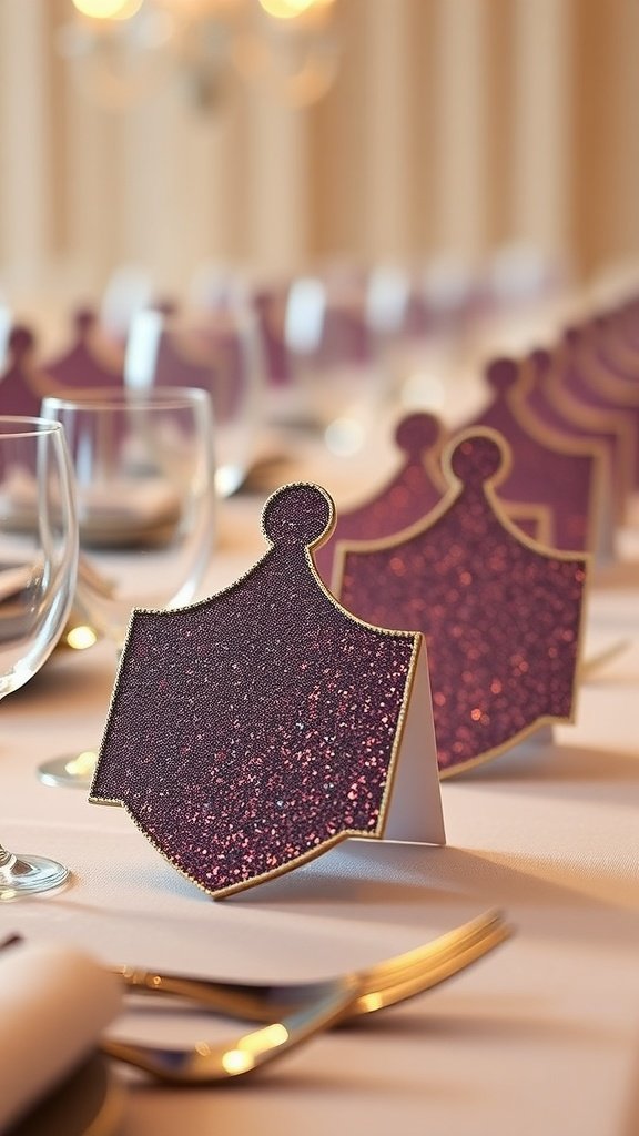 Glittery dreidel place cards on a festive table setting