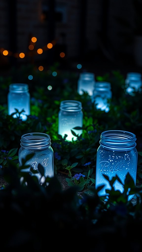 A night scene with glow-in-the-dark mason jars illuminating a garden.