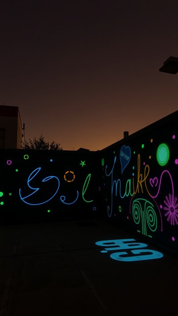 A wall decorated with colorful glow-in-the-dark paint designs.