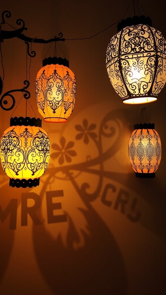 Colorful paper mache lanterns hanging, casting warm shadows on the wall.