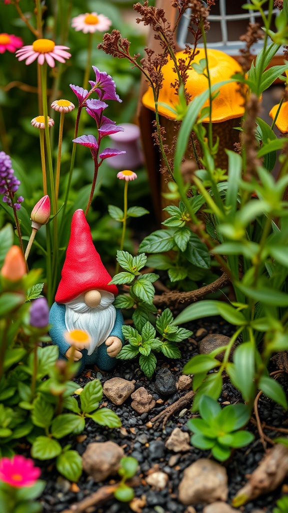 A colorful fairy garden with a gnome among vibrant flowers and greenery.