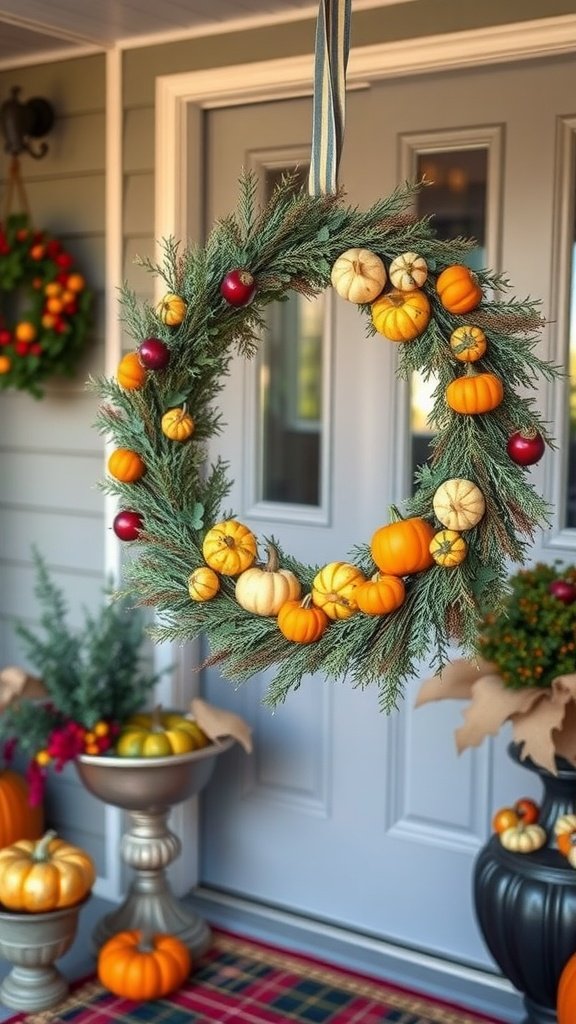 A gourd and pumpkin wreath hanging on a front door, decorated with various pumpkins and greenery.