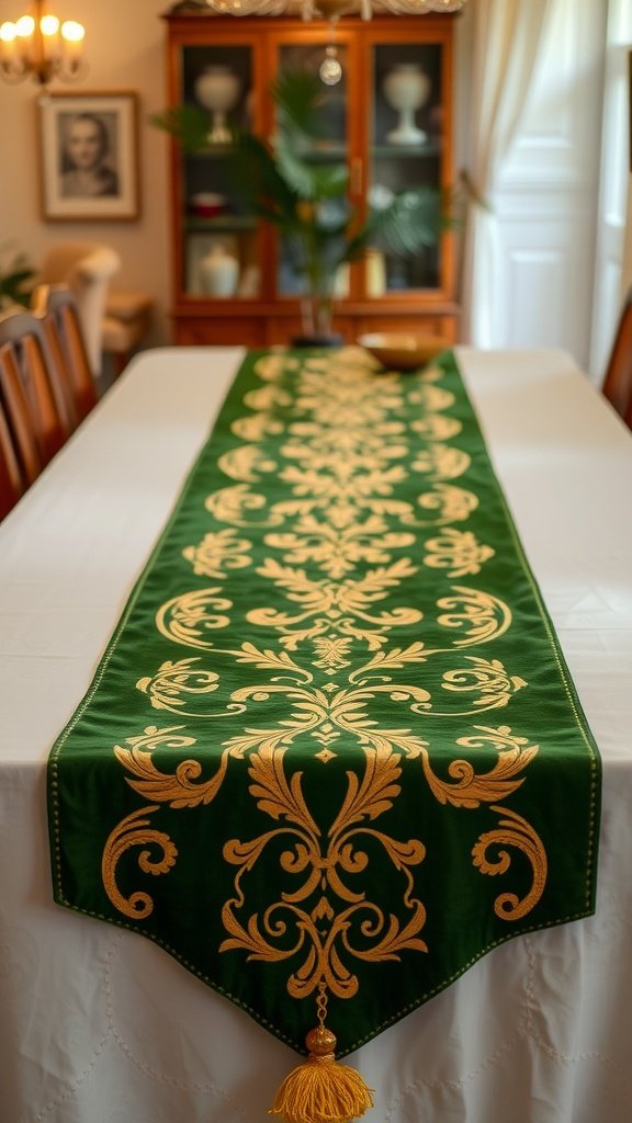 A decorative green and gold table runner with intricate patterns placed on a dining table.