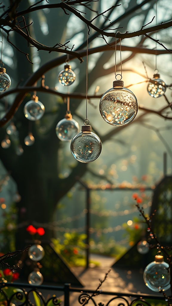 Hanging glass orbs glistening in a garden setting