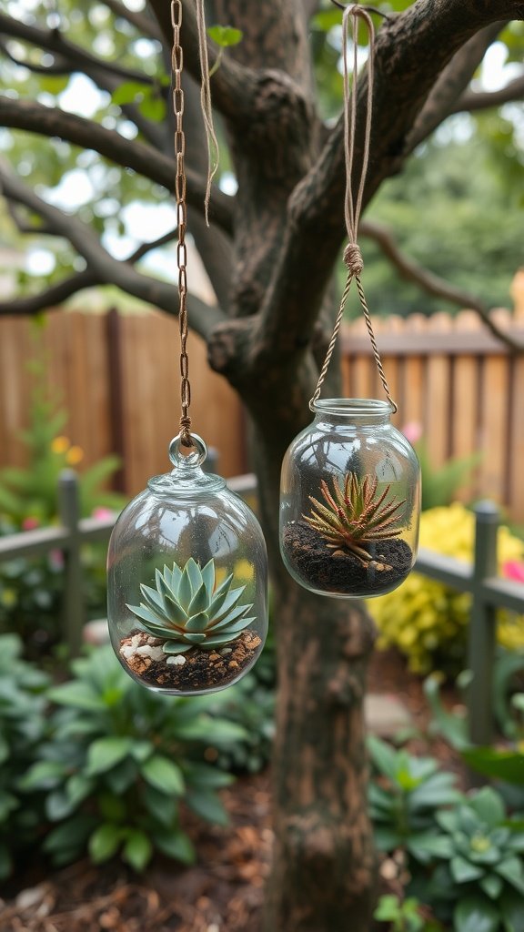Two hanging glass terrariums with succulents, suspended from a tree.
