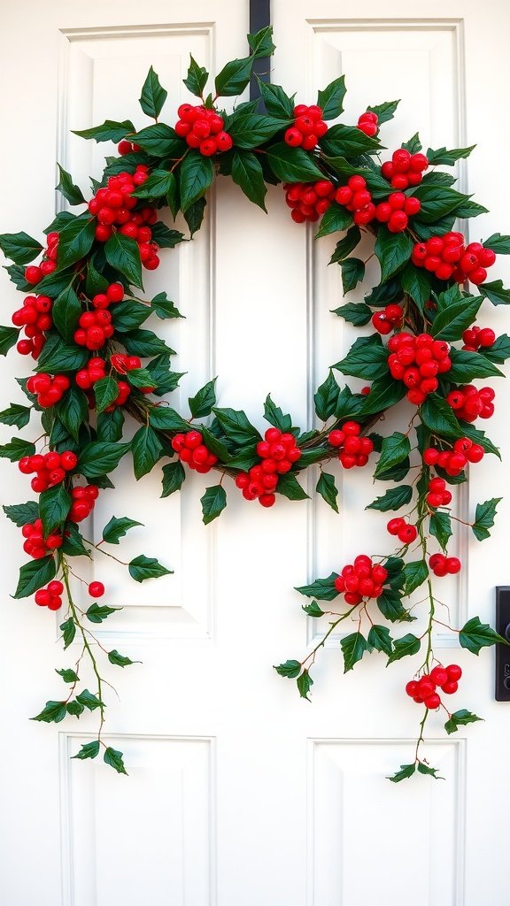 A festive holly and ivy wreath adorned with red berries, hanging on a white door.