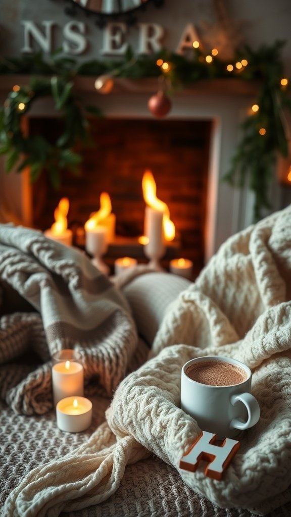 A cozy corner with blankets, a cup of hot drink, and candles, creating a warm winter vibe.