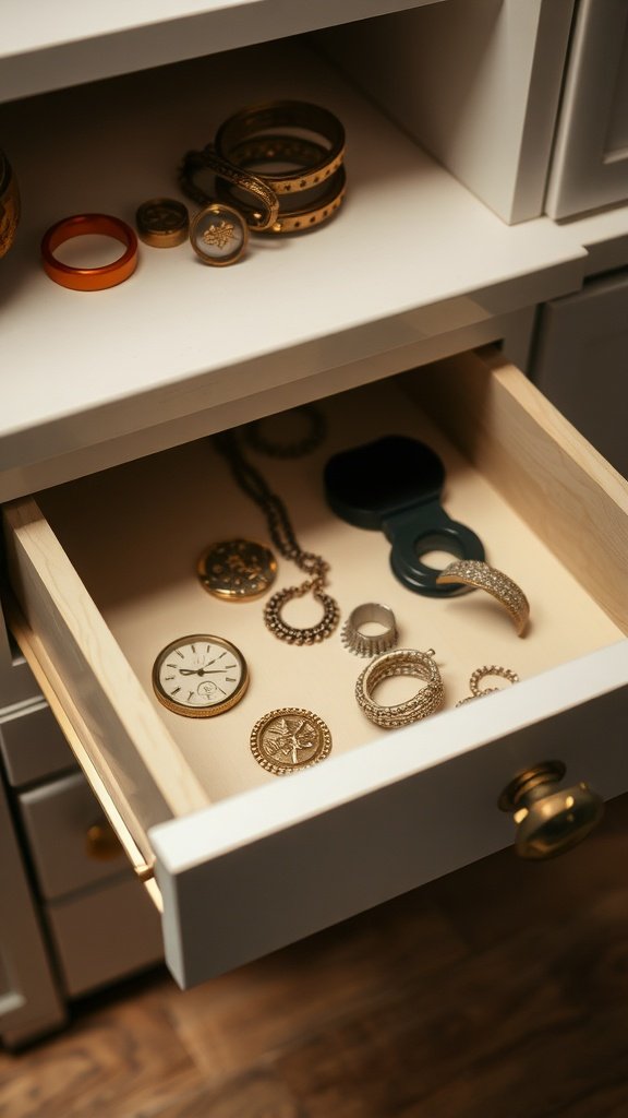 An organized drawer with jewelry and pull-out trays