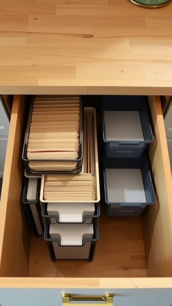 Organized drawer with stackable bins and file organizers.