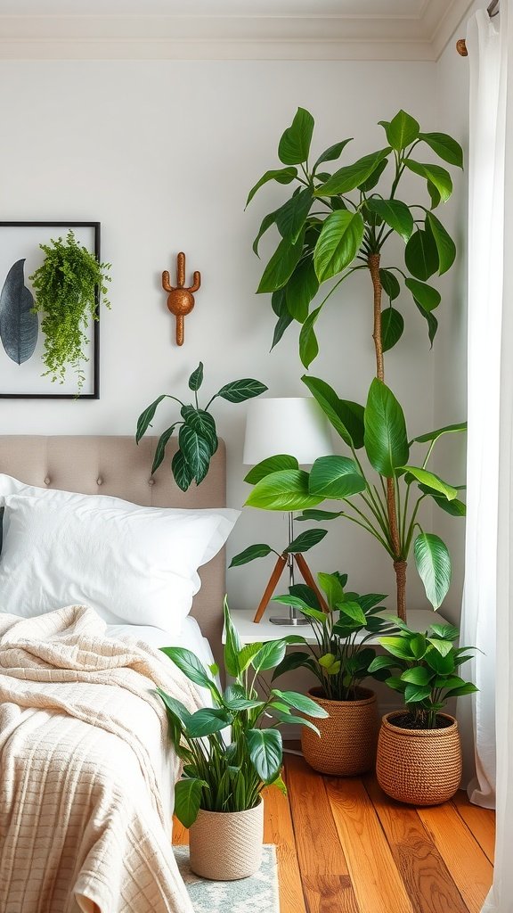 A bedroom with various indoor plants, including a large tree, small potted plants, and a cozy bed.