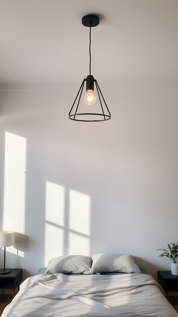 A modern black pendant light fixture hanging above a bed in a minimalistic bedroom.