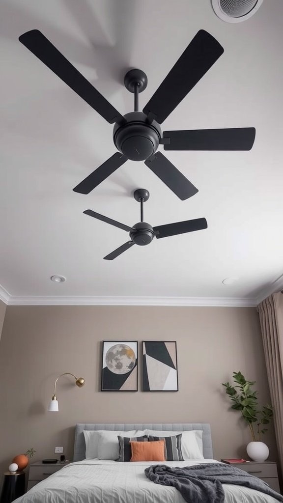 A modern bedroom with a stylish black ceiling fan and artwork on the wall.