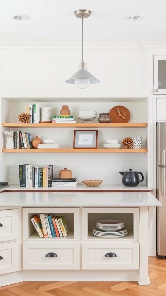A well-organized kitchen island with open shelves and drawers displaying dishes and books.