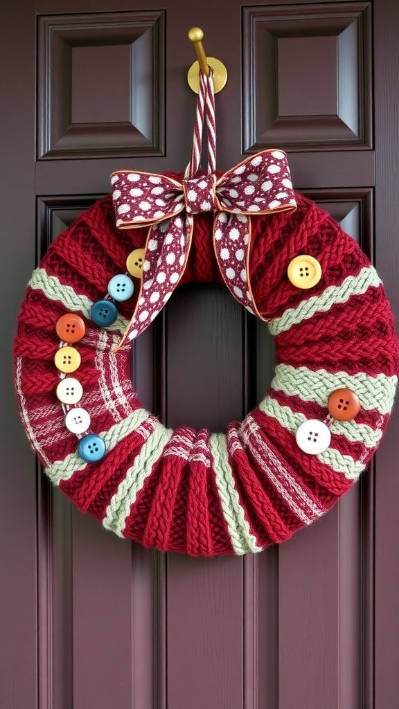 A festive knitted sweater wreath in red with buttons and a bow, hanging on a door.