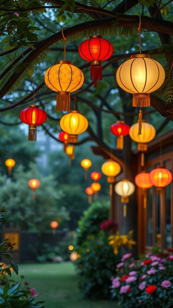 Colorful lanterns hanging from branches in an outdoor setting