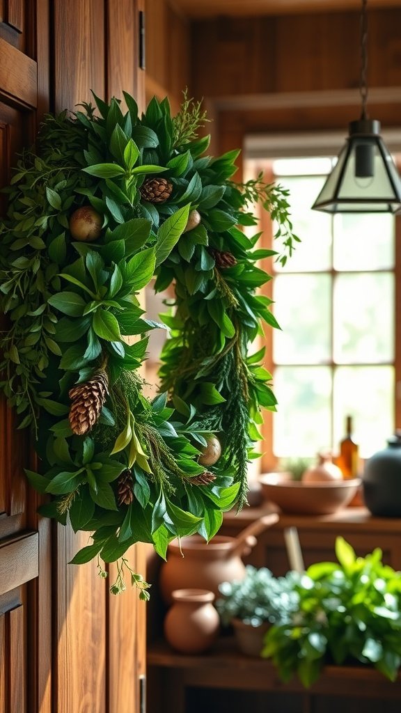 A lush green wreath adorned with pine cones hanging on a wooden door.