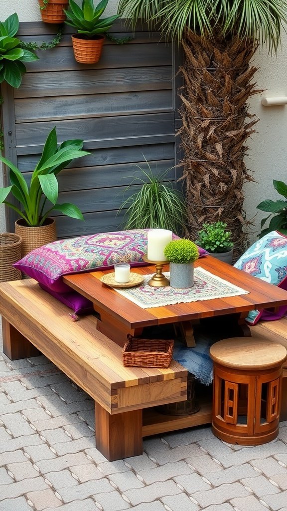 A cozy outdoor seating area with a low wooden table, colorful cushions, and surrounding plants.