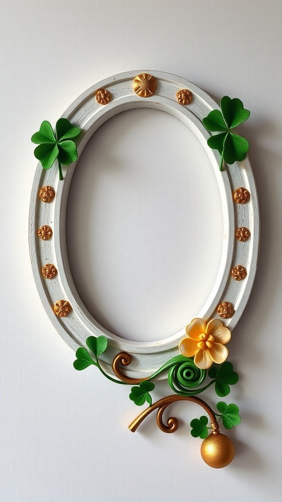 A decorative horseshoe wall art with green clovers and golden accents.