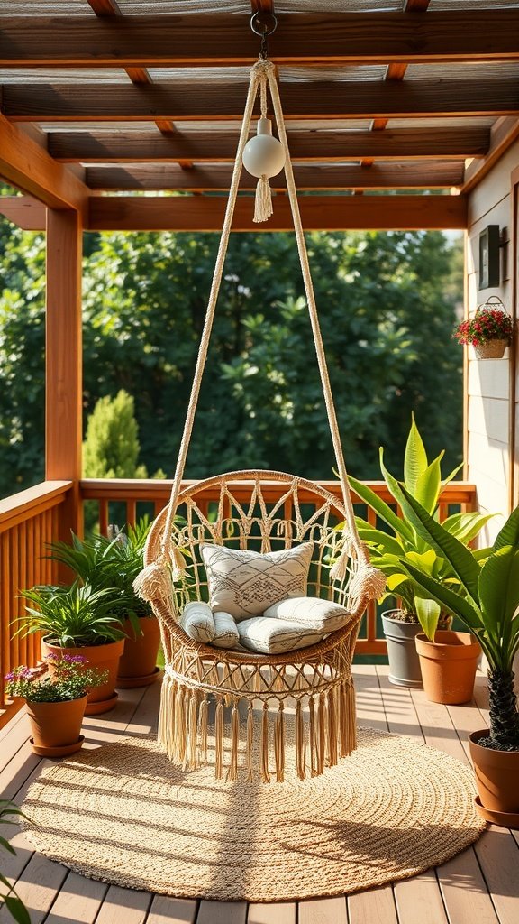 A macrame hanging chair on a deck surrounded by potted plants.