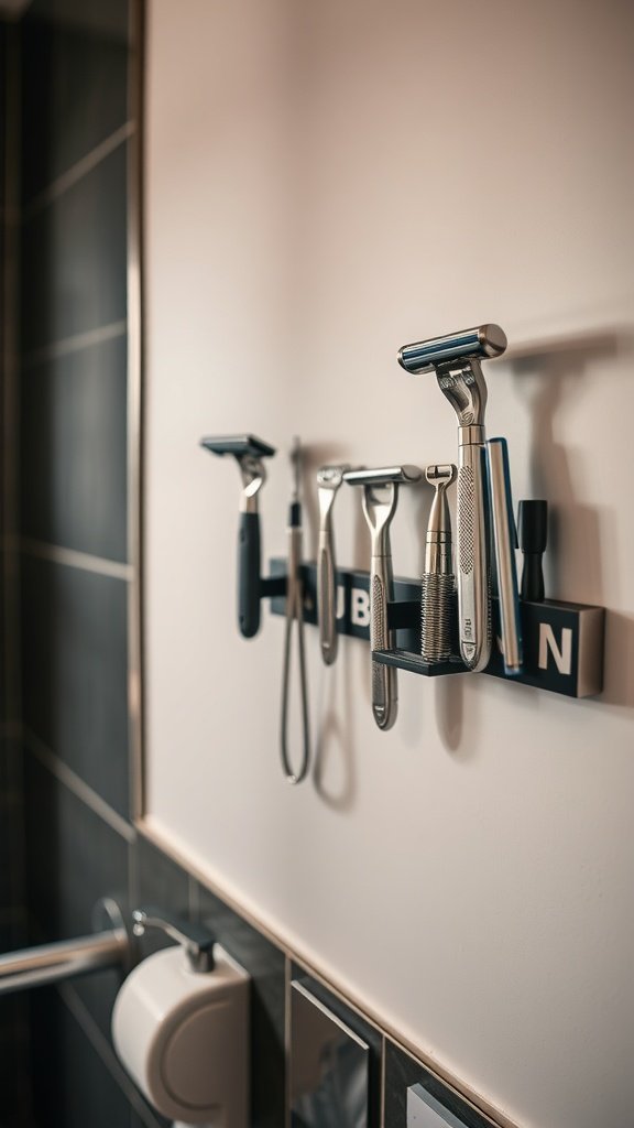 Magnetic strip holding razors and grooming tools on a bathroom wall