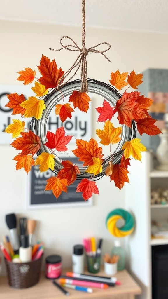 A wreath made of mason jar lids adorned with colorful autumn leaves
