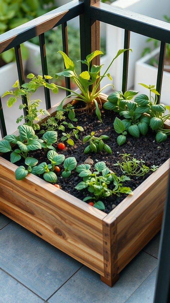 A mini raised garden bed filled with various plants and herbs on a balcony.