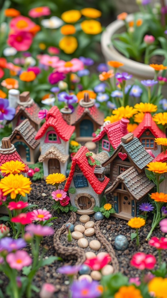 A collection of colorful miniature fairy houses surrounded by vibrant flowers.