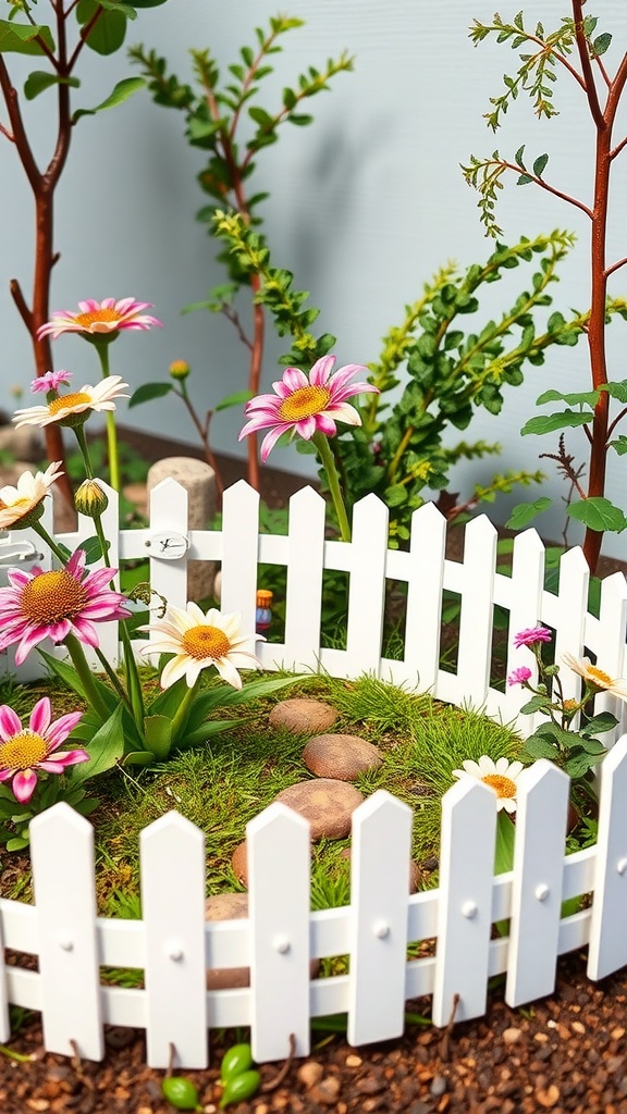 A miniature white picket fence surrounding colorful flowers and greenery in a fairy garden.
