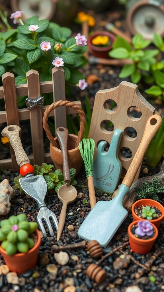 Miniature gardening tools and accessories arranged in a fairy garden setting.