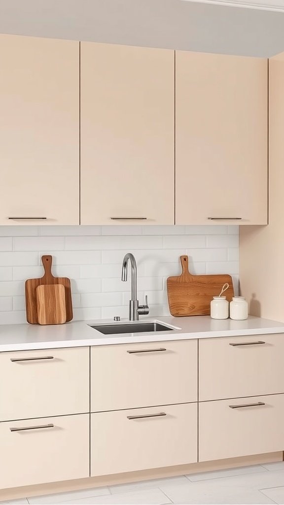 Minimalist beige kitchen with light cabinets and wooden cutting boards