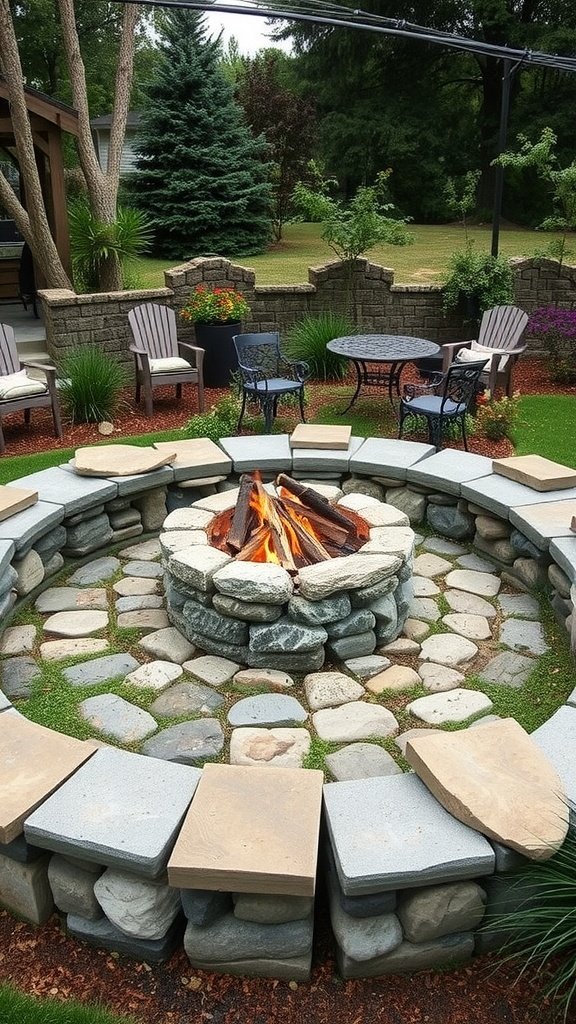 A circular stone fire pit surrounded by seating in a garden