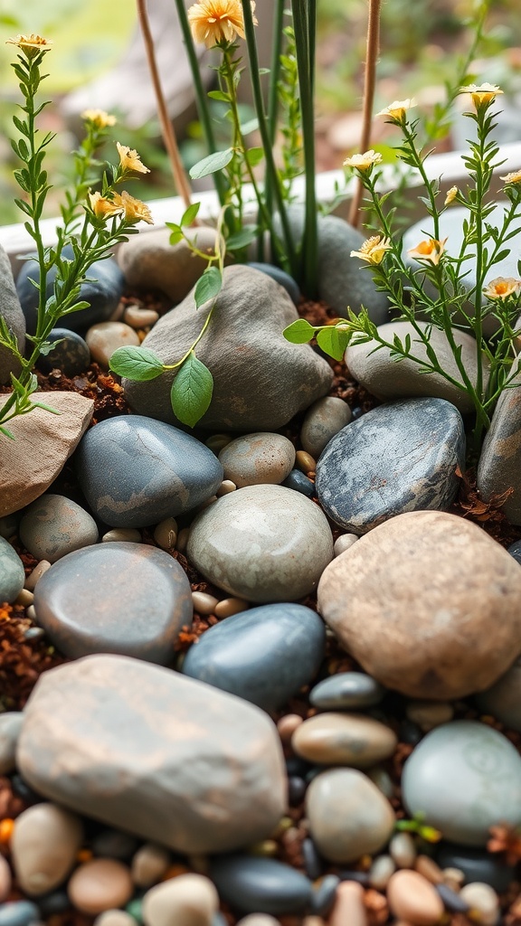 A collection of smooth stones and small flowers in a fairy garden setting.
