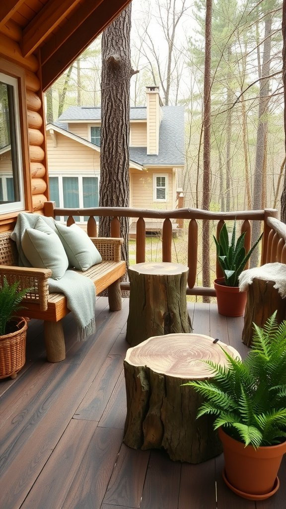 Cozy deck seating with wooden benches, tree stump tables, and potted plants in a natural setting.