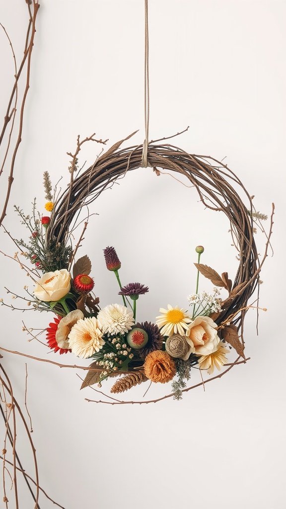 A nature-inspired wreath made with dried flowers and twigs.