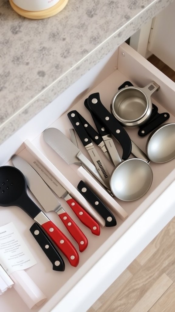 Organized kitchen drawer with utensils and specialty inserts.