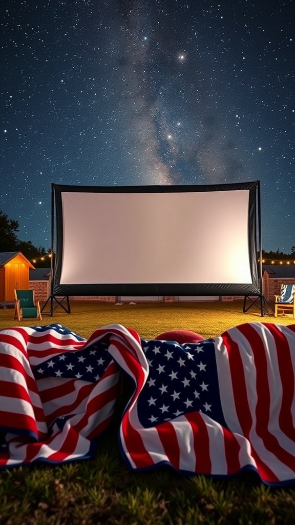 Outdoor movie screen setup with American flag blankets under a starry sky.