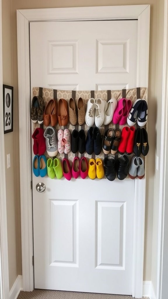 Shoe organizer hanging on a white door showcasing various pairs of shoes.