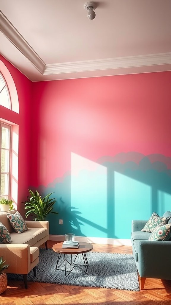 A bright room with pink and blue ombre wall painting, featuring cozy furniture and plants.
