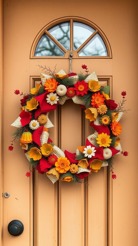 A vibrant patchwork fabric wreath with flowers and leaves, displayed on a door.
