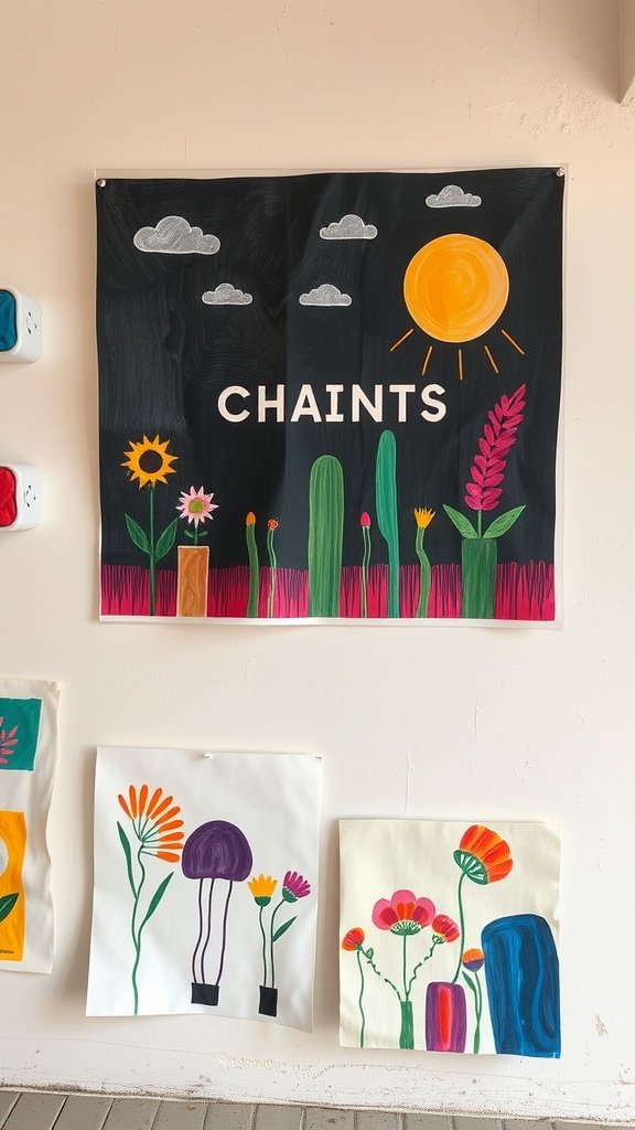 Colorful handmade art pieces displayed on a wall, including flowers and a bright sun.