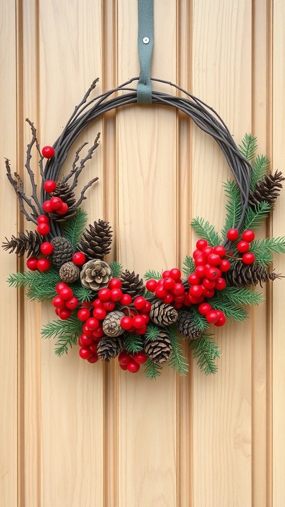 A Christmas wreath made of pinecones, red berries, and greenery hanging on a wooden door.