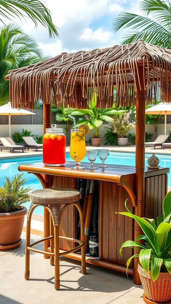 A poolside bar with tropical drinks and a cozy atmosphere.