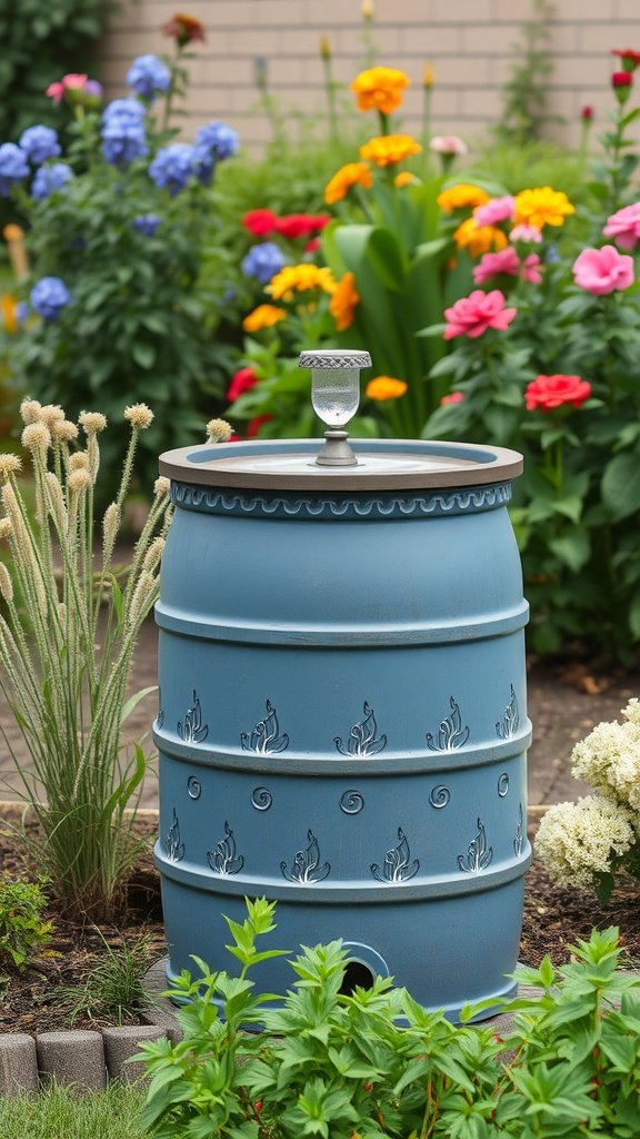 A blue rainwater harvesting barrel in a vibrant garden with flowers.