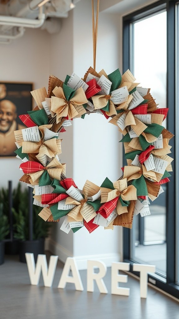 A colorful wreath made from recycled materials, featuring various textured bows in red, green, and natural tones.