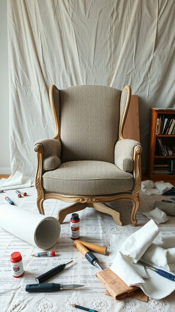 An old chair with striped fabric and tools for reupholstering.