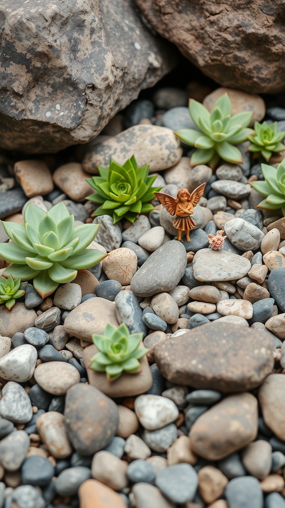 A rock garden featuring succulents and a small fairy figurine.