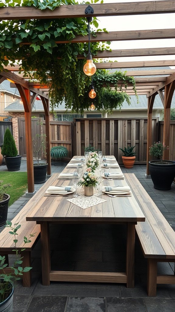 A rustic outdoor dining setup featuring a long wooden table, benches, and hanging lights in a cozy garden area.