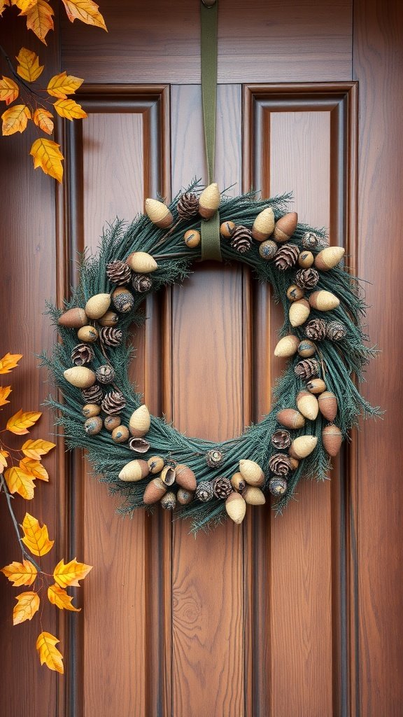 A rustic wreath made of pinecones and acorns hanging on a wooden door.