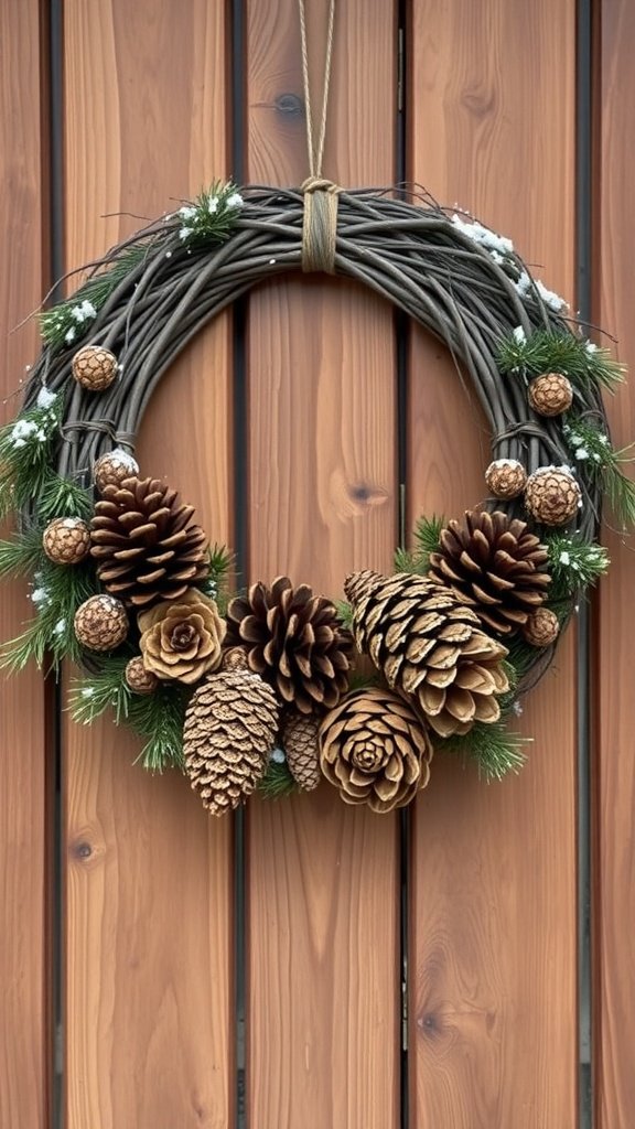 A rustic pinecone wreath hanging on a wooden door.